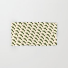 [ Thumbnail: Beige & Dark Olive Green Colored Striped/Lined Pattern Hand & Bath Towel ]