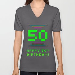 [ Thumbnail: 50th Birthday - Nerdy Geeky Pixelated 8-Bit Computing Graphics Inspired Look V Neck T Shirt V-Neck T-Shirt ]