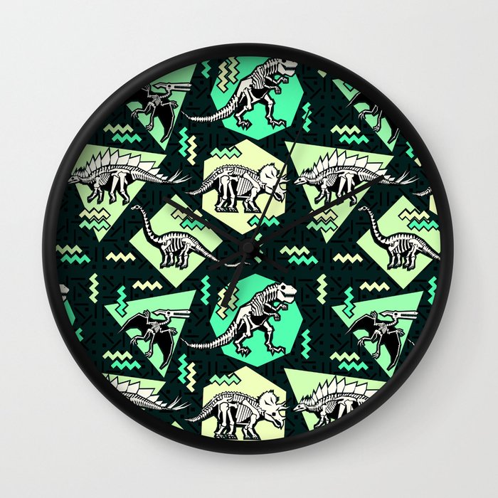 90's Dinosaur Skeleton Neon Pattern Wall Clock