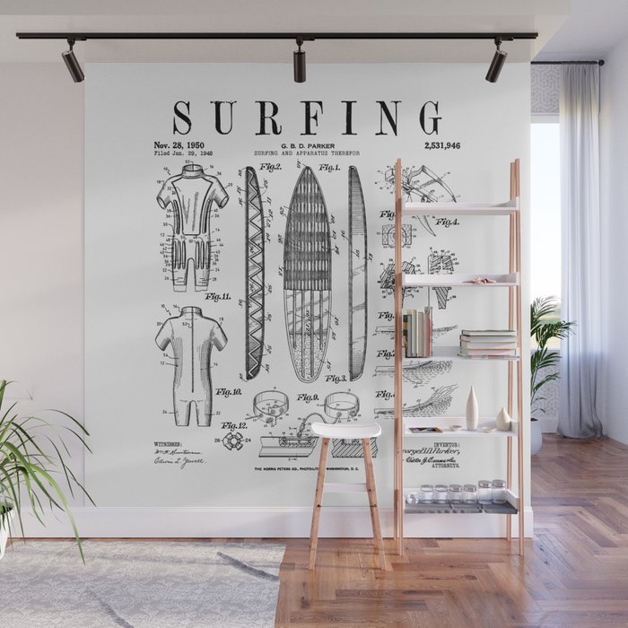 Surfboard Surfing Vintage Patent Surfer Print Wall Mural