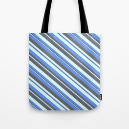[ Thumbnail: Cornflower Blue, Dim Gray, and Light Cyan Colored Striped Pattern Tote Bag ]