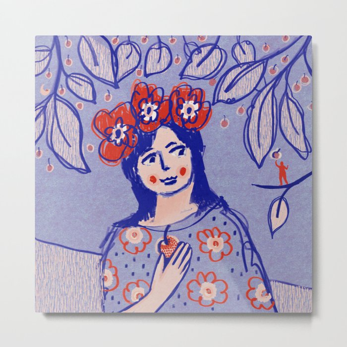 Whimsical Woman Figure Portrait with Flower Crown and Cherries. Modern Feminine Boho Cherry Fruit Art Print for Modern Gallery Wall Decor Metal Print