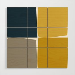 Flux Minimalist Midcentury Modern Check Grid Pattern in Mustard Ochre Navy Blue Gray White Wood Wall Art