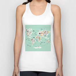 Cartoon animal world map for children, kids, Animals from all over the world, back to school, mint Tank Top