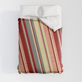 [ Thumbnail: Grey, Dark Red, Dark Salmon, and Pale Goldenrod Colored Striped Pattern Comforter ]