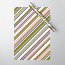 [ Thumbnail: Eye-catching Green, Dark Grey, Gray, White & Pink Colored Pattern of Stripes Wrapping Paper ]