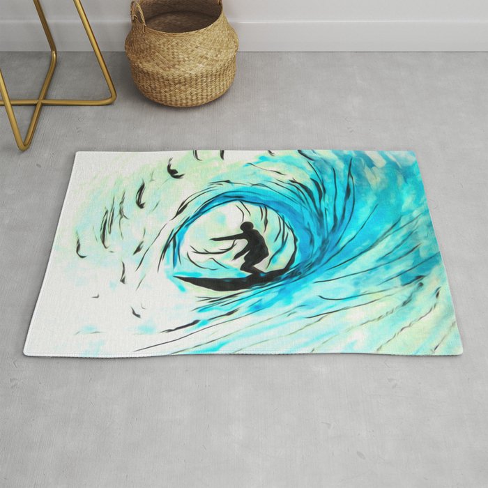 Lone Surfer in the Big Blue Wave Rug
