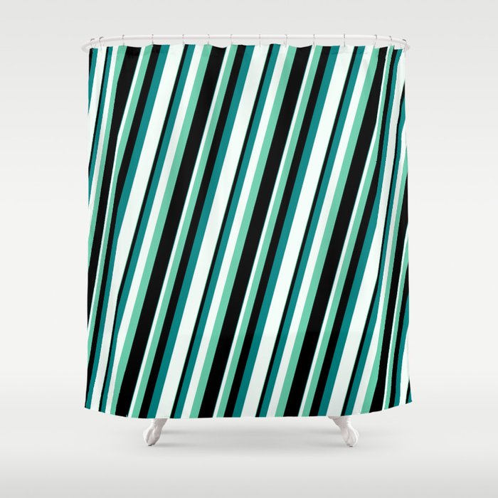 Aquamarine, Black, Teal, and Mint Cream Colored Lined Pattern Shower Curtain