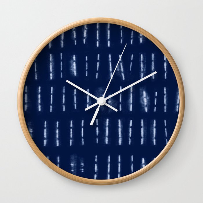White stripes over blue shibori tie dye Wall Clock