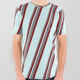 [ Thumbnail: Grey, Dark Red & Light Cyan Colored Stripes/Lines Pattern All Over Graphic Tee ]