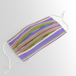 [ Thumbnail: Light Coral, Green, Bisque & Slate Blue Colored Striped/Lined Pattern Face Mask ]
