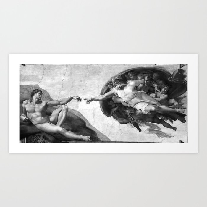 Black and White Creation of Adam Painting by Michelangelo Sistine Chapel Art Print