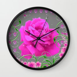 ROMANTIC CERISE PINK ROSE GREY ART RIBBONS Wall Clock