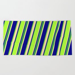 [ Thumbnail: Light Green, Tan, Dark Blue & Sea Green Colored Striped Pattern Beach Towel ]