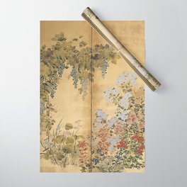 Japanese Edo Period Six-Panel Gold Leaf Screen - Spring and Autumn Flowers Wrapping Paper