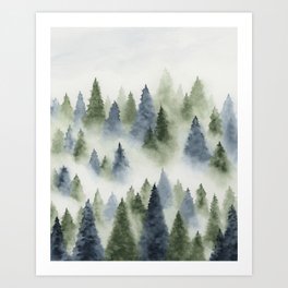 Foggy Forest - Blue and Green Wall Art, Misty Mountain Watercolor Painting, Trees Nature Art Art Print