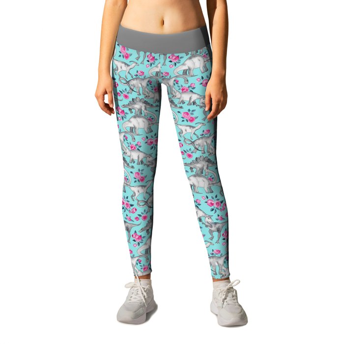 Dinosaurs and Roses - turquoise blue Leggings