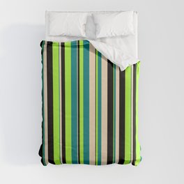 [ Thumbnail: Light Green, Teal, Bisque & Black Colored Lined/Striped Pattern Duvet Cover ]