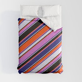 [ Thumbnail: Vibrant Red, Orchid, Midnight Blue, Lavender, and Black Colored Lines Pattern Comforter ]