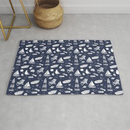 Navy Blue And White Summer Beach Elements Pattern Area & Throw Rug