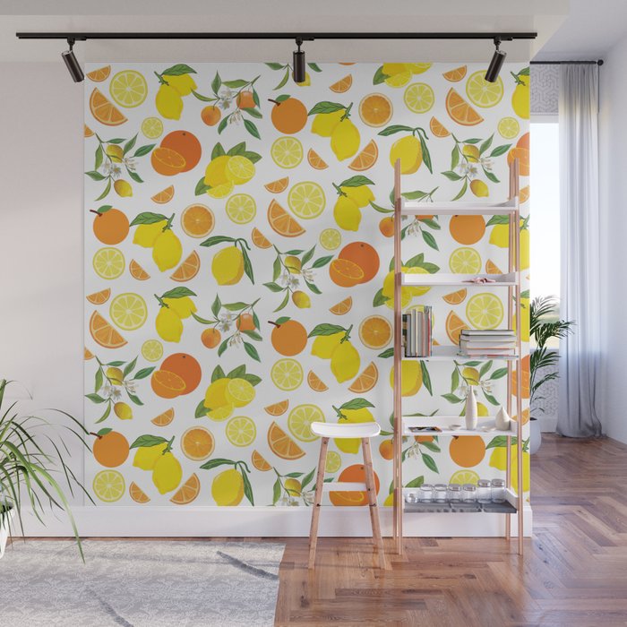 Oranges Lemons Citrus Fruits Repeat Pattern Wall Mural