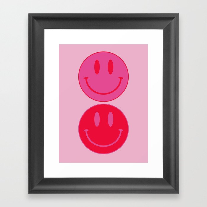 Large Pink and Red Vsco Smiley Face Pattern - Preppy Aesthetic Framed Art Print