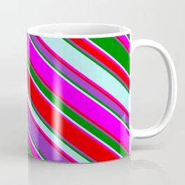 [ Thumbnail: Eyecatching Fuchsia, Red, Dark Orchid, Green & Turquoise Colored Lined Pattern Coffee Mug ]
