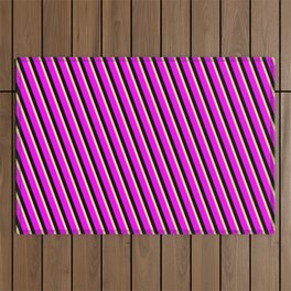 [ Thumbnail: Tan, Fuchsia, and Black Colored Striped Pattern Outdoor Rug ]