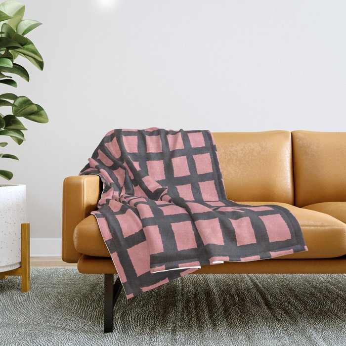 Pink & Black Rustic Scandi Checked Pattern Throw Blanket