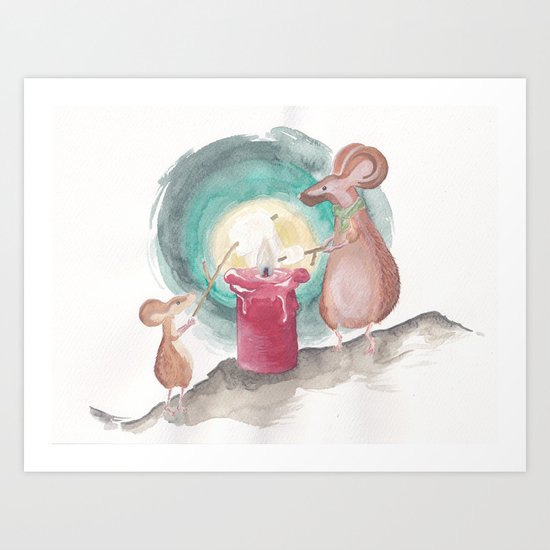 Little Mice Roasting Marshmallows Art Print By Vonzusf Society6