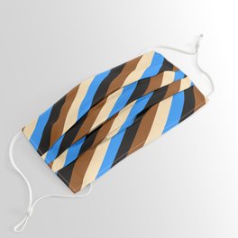 [ Thumbnail: Blue, Black, Brown, and Beige Colored Lines Pattern Face Mask ]