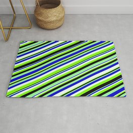 [ Thumbnail: Eyecatching Green, Blue, Mint Cream, Chartreuse, and Black Colored Lined/Striped Pattern Rug ]