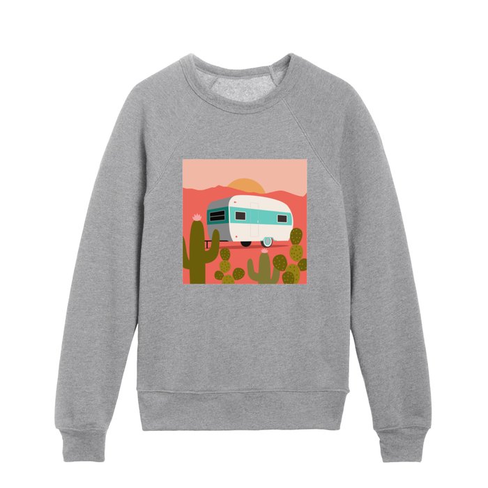 Mint Vintage Camper Trailer with Desert Cacti and Terracotta Pink Mountains Kids Crewneck