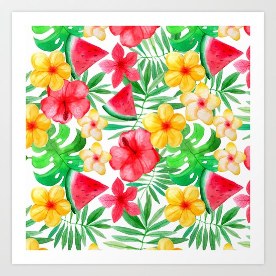 Happy Summer Life- Aloha Flowers and Melon - Pattern on #Society6 Art Print