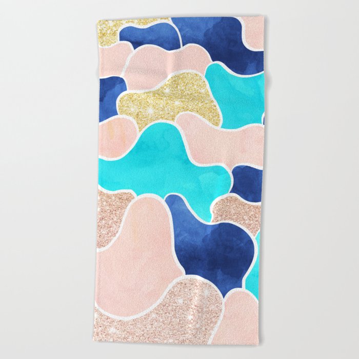 Color block faux gold turquoise pink watercolor Beach Towel