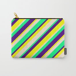[ Thumbnail: Indigo, Yellow, Beige & Green Colored Pattern of Stripes Carry-All Pouch ]