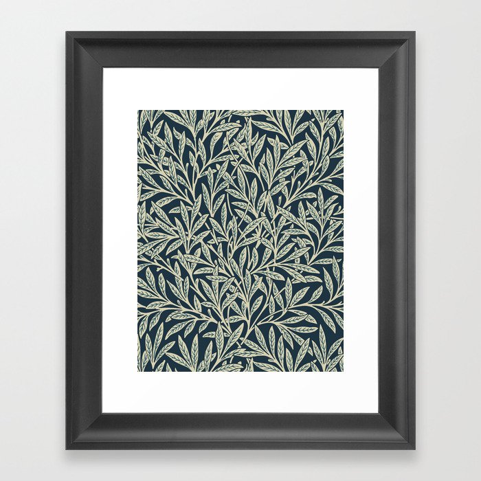 Vintage, Leaf, Willow Pattern, William Morris, Navy Blue and Ivory Framed Art Print