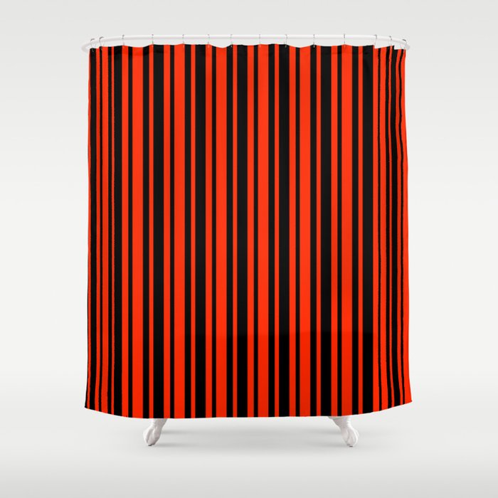 Bright Red And Black Vertical Var Size Stripes Shower Curtain By