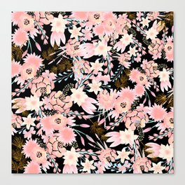 Watercolor black gold pink coral ivory blue flowers Canvas Print