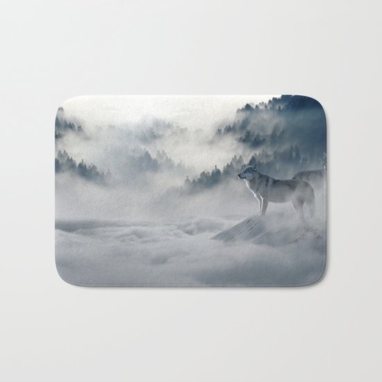 Wolves Among the Snowcaped Mountain Bath Mat
