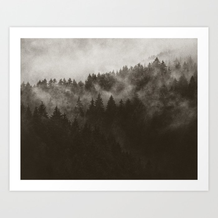 Excuse Me, I'm Lost // Misty Retro Fall Wilderness Fairytale Forest With Cascadia Trees Covered In Dark Sepia Magic Fog Season Art Print
