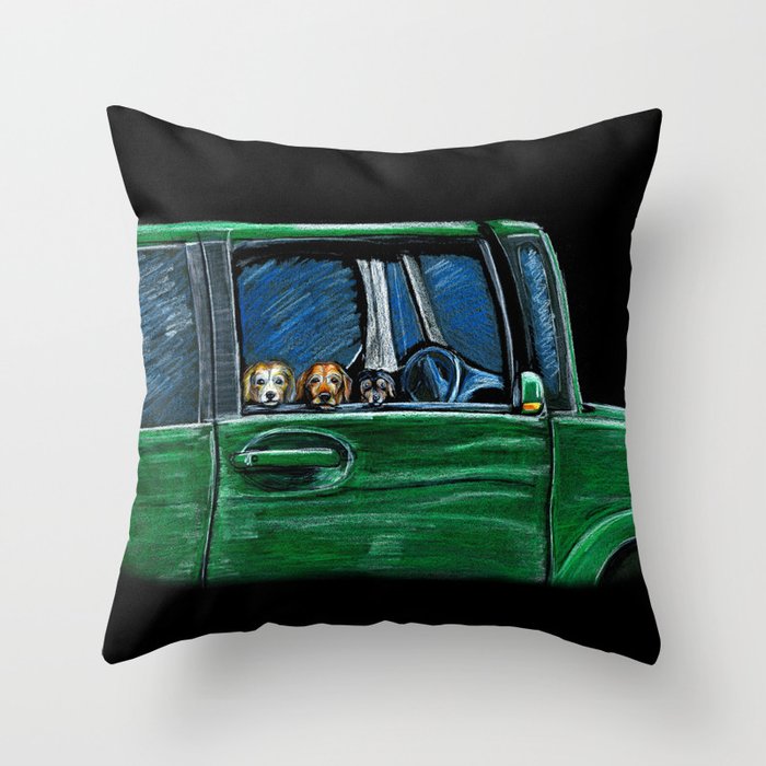 Three dogs in a Car Throw Pillow