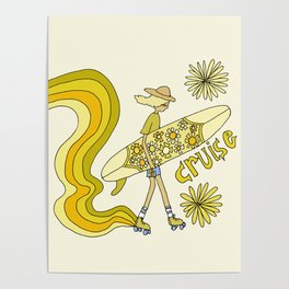 groovy rollerskate cruise w single fin // retro surf art by surfy birdy Poster