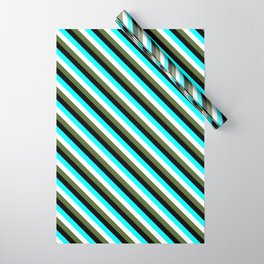[ Thumbnail: Aqua, White, Dark Olive Green, and Black Colored Lined Pattern Wrapping Paper ]