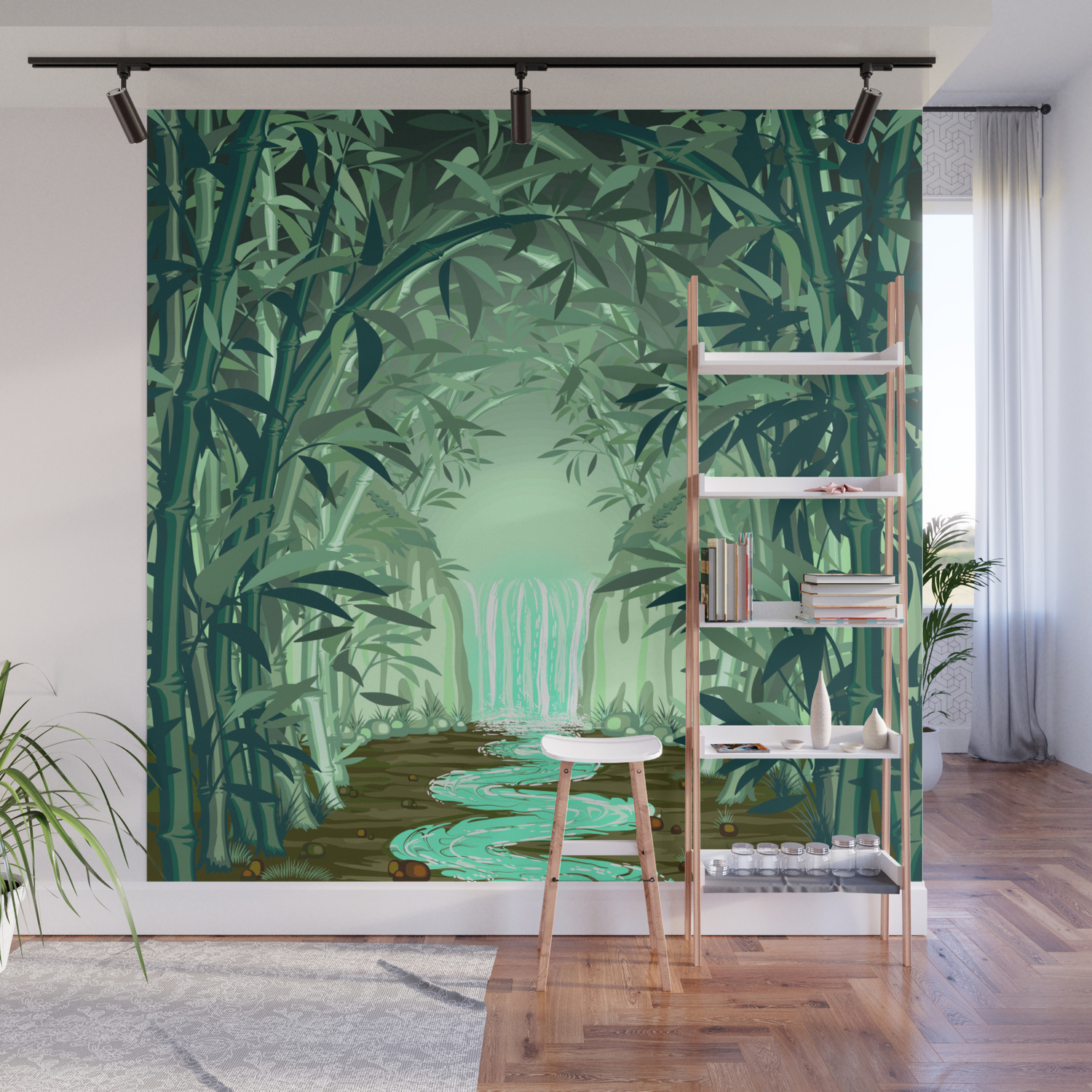 Fluorescent Waterfall On Surreal Bamboo Forest Wall Mural By