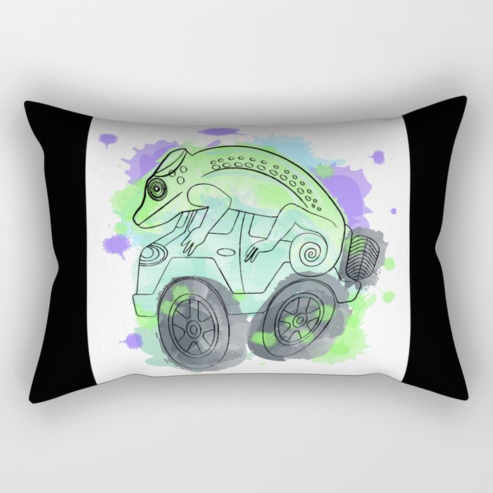 Chameleon Reptile on a Car. Watercolor Splashes Artwork. Rectangular Pillow