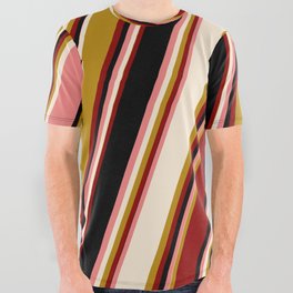 [ Thumbnail: Vibrant Light Coral, Beige, Dark Goldenrod, Dark Red & Black Colored Lines/Stripes Pattern All Over Graphic Tee ]