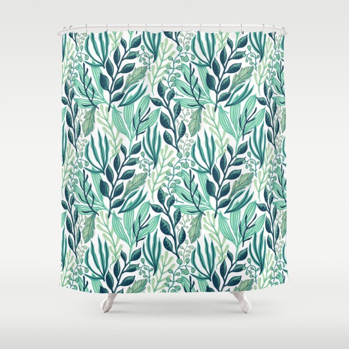 Blue Leaves Illustration Pattern Shower Curtain