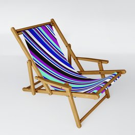[ Thumbnail: Vibrant Dark Violet, Aquamarine, Blue, White, and Black Colored Striped/Lined Pattern Sling Chair ]