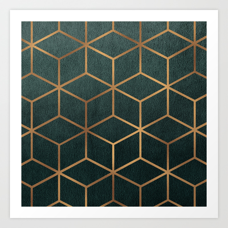 Dark Teal And Gold Geometric Textured Gradient Cube Design Art